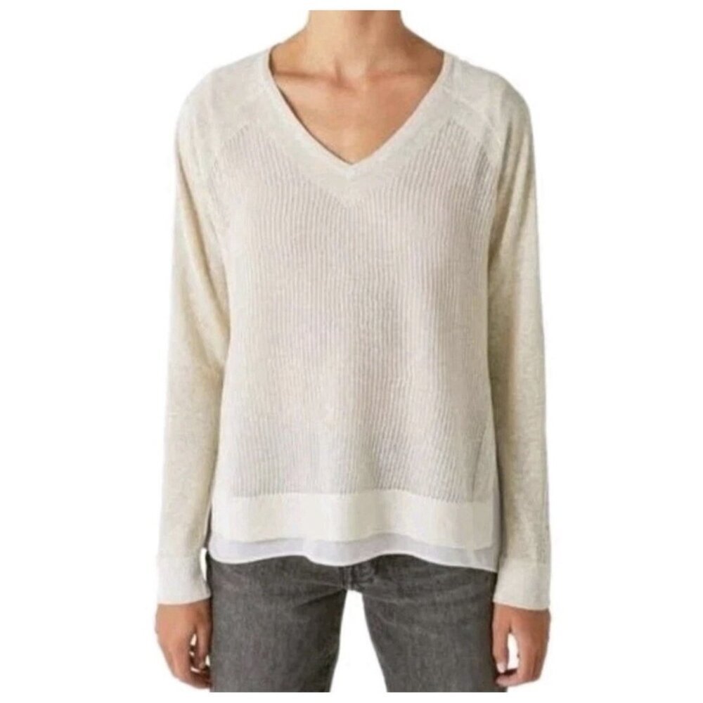 Lucky Brand Metallic Linen V-Neck Sweater Womens Large